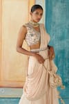 Buy_Basil Leaf_Beige Chinon Chiffon Hand Embroidery Solid Pre-draped Saree And Blouse Set _Online_at_Aza_Fashions