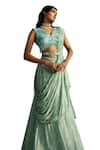 Buy_Basil Leaf_Green Chinon Chiffon Hand Embroidery Sequins Blouse And Pre-draped Saree Set _Online_at_Aza_Fashions