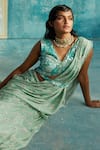 Basil Leaf_Green Chinon Chiffon Hand Embroidery Sequins Blouse And Pre-draped Saree Set _at_Aza_Fashions