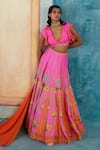 Buy_Basil Leaf_Fuchsia Viscose, Tussar Beads, Floral Geometric Print Lehenga Blouse Set _at_Aza_Fashions