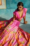 Basil Leaf_Fuchsia Viscose, Tussar Beads, Floral Geometric Print Lehenga Blouse Set _Online_at_Aza_Fashions