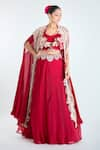 Buy_Ridhima Bhasin_Red Embroidery Bead Cape Open Scallop Lehenga Set _at_Aza_Fashions