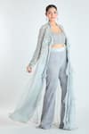 Shop_Ridhima Bhasin_Grey Embroidery Bead Jacket Shawl Collar Pant Set _Online_at_Aza_Fashions