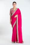 Buy_Ridhi Mehra_Fuchsia Raw Silk Embroidery Zari Thread V Neck Border Saree With Blouse _at_Aza_Fashions