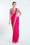 Shop_Ridhi Mehra_Fuchsia Raw Silk Embroidery Zari Thread V Neck Border Saree With Blouse _Online_at_Aza_Fashions