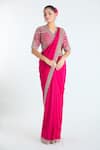 Ridhi Mehra_Fuchsia Raw Silk Embroidery Zari Thread V Neck Border Saree With Blouse _at_Aza_Fashions