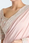 Buy_Ridhi Mehra_Pink Net Embroidery Zari Thread Scoop Neck Floral Border Saree With Blouse 