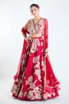 Buy_Ridhi Mehra_Red Raw Silk Embroidery Floral Patchwork V Neck Lehenga Set _at_Aza_Fashions