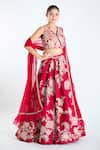 Shop_Ridhi Mehra_Red Raw Silk Embroidery Floral Patchwork V Neck Lehenga Set _Online_at_Aza_Fashions