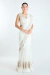 Buy_Ridhi Mehra_Ivory Net Embroidery Feather Embellished Pre-draped Layered Saree With Blouse _at_Aza_Fashions