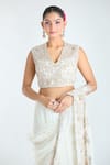 Ridhi Mehra_Ivory Net Embroidery Feather Embellished Pre-draped Layered Saree With Blouse _Online_at_Aza_Fashions