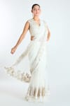 Shop_Ridhi Mehra_Ivory Net Embroidery Feather Embellished Pre-draped Layered Saree With Blouse _Online_at_Aza_Fashions