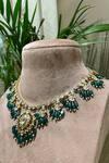 Shop_Kaari_Green Polki Vellore And Freshwater Pearl Embellished Jhallar Necklace _at_Aza_Fashions