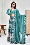 Pheeta_Green Blouse Muslin Printed Geometric V-neck Floral Lehenga Set _Online_at_Aza_Fashions