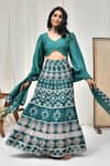 Pheeta_Green Blouse Muslin Printed Geometric V-neck Floral Lehenga Set _at_Aza_Fashions