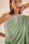 Label RSD_Green Top And Skirt Crepe Embellished Pearl Top One Asymmetric Draped Set _Online_at_Aza_Fashions