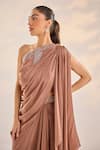 Buy_Label RSD_Brown Top And Skirt Crepe Embellished Pearl Top Border Asymmetric Draped Set _Online_at_Aza_Fashions