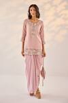 Buy_Label RSD_Pink Organza Embroidery Florence Striped Round Neck Kurti With Draped Skirt _at_Aza_Fashions