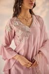 Label RSD_Pink Chanderi Embroidery Blossom V Neck Kurti Sharara Set _Online_at_Aza_Fashions