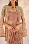 Shop_Label RSD_Brown Mesh Embroidery Bloom Jaal Open Neck Cape Pre-draped Saree Set _Online_at_Aza_Fashions