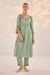 Label RSD_Green Satin Georgette Embroidery Misty Floret Round Pearl Kurta Palazzo Set _Online_at_Aza_Fashions