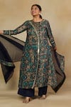 Mamicha_Green Italian Crepe Embroidered Floral Round Mirror Kurta Pant Set _Online_at_Aza_Fashions