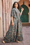 Mamicha_Green Italian Crepe Embroidered Sequin Mandarin Collar Floral Print Kaftan _Online_at_Aza_Fashions