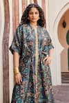 Buy_Mamicha_Green Italian Crepe Embroidered Sequin Mandarin Collar Floral Print Kaftan _Online_at_Aza_Fashions