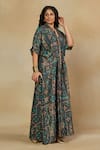 Mamicha_Green Italian Crepe Embroidered Sequin Mandarin Collar Floral Print Kaftan _at_Aza_Fashions