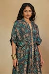 Buy_Mamicha_Green Italian Crepe Embroidered Sequin Mandarin Collar Floral Print Kaftan 