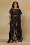 Mamicha_Black California Satin Printed Blossom Bead Embroidered Sheer Cape With Pant Set _Online_at_Aza_Fashions