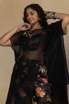 Mamicha_Black California Satin Printed Blossom Bead Embroidered Sheer Cape With Pant Set _at_Aza_Fashions