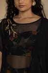 Buy_Mamicha_Black California Satin Printed Blossom Bead Embroidered Sheer Cape With Pant Set 