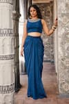 Buy_Mamicha_Blue Flat Shimmer Chiffon Embroidered Mirror Teal Crop Top And Draped Skirt _at_Aza_Fashions