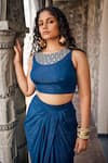 Mamicha_Blue Flat Shimmer Chiffon Embroidered Mirror Teal Crop Top And Draped Skirt _Online_at_Aza_Fashions