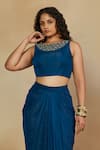 Shop_Mamicha_Blue Flat Shimmer Chiffon Embroidered Mirror Teal Crop Top And Draped Skirt _Online_at_Aza_Fashions