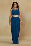 Mamicha_Blue Flat Shimmer Chiffon Embroidered Neck Crop Top And Draped Skirt Co-ord Set _at_Aza_Fashions