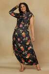 Mamicha_Black California Satin Printed Floral Cowl Neck Asymmetric Dress _Online_at_Aza_Fashions