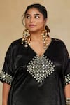 Buy_Mamicha_Black Space Satin Embroidered Mirror V Neck Kaftan Dress _Online_at_Aza_Fashions