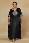 Shop_Mamicha_Black Space Satin Embroidered Mirror V Neck Kaftan Dress _Online_at_Aza_Fashions