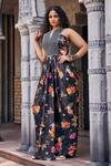 Buy_Mamicha_Black California Satin Embroidered Floral Notched Round Mirror Front Maxi Dress _at_Aza_Fashions