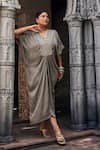 Buy_Mamicha_Green Apricot Satin Embroidered Mirror V Neck Front Kaftan Dress _at_Aza_Fashions