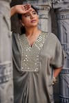 Mamicha_Green Apricot Satin Embroidered Mirror V Neck Front Kaftan Dress _Online_at_Aza_Fashions