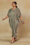 Buy_Mamicha_Green Apricot Satin Embroidered Mirror V Neck Front Kaftan Dress _Online_at_Aza_Fashions