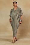 Mamicha_Green Apricot Satin Embroidered Mirror V Neck Front Kaftan Dress _at_Aza_Fashions