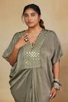 Buy_Mamicha_Green Apricot Satin Embroidered Mirror V Neck Front Kaftan Dress 