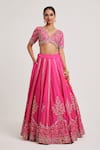 Shop_Muditaa By Urmila_Pink Dupion Hand Embroidery Mirror Plunge V Neck Bhargvi Lehenga Set _Online_at_Aza_Fashions