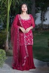 Shop_Muditaa By Urmila_Magenta Georgette Hand Embroidery Botanical Scoop Ezrine Kurta Gharara Set _Online_at_Aza_Fashions