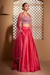 Buy_Muditaa By Urmila_Pink Italian Satin Hand Embroidery Thread Sweetheart Gul Blouse Lehenga Set _at_Aza_Fashions