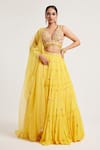 Buy_Muditaa By Urmila_Yellow Lehenga Georgette Hand Embroidery Tassel Plunge V Neck Hanika Set _at_Aza_Fashions